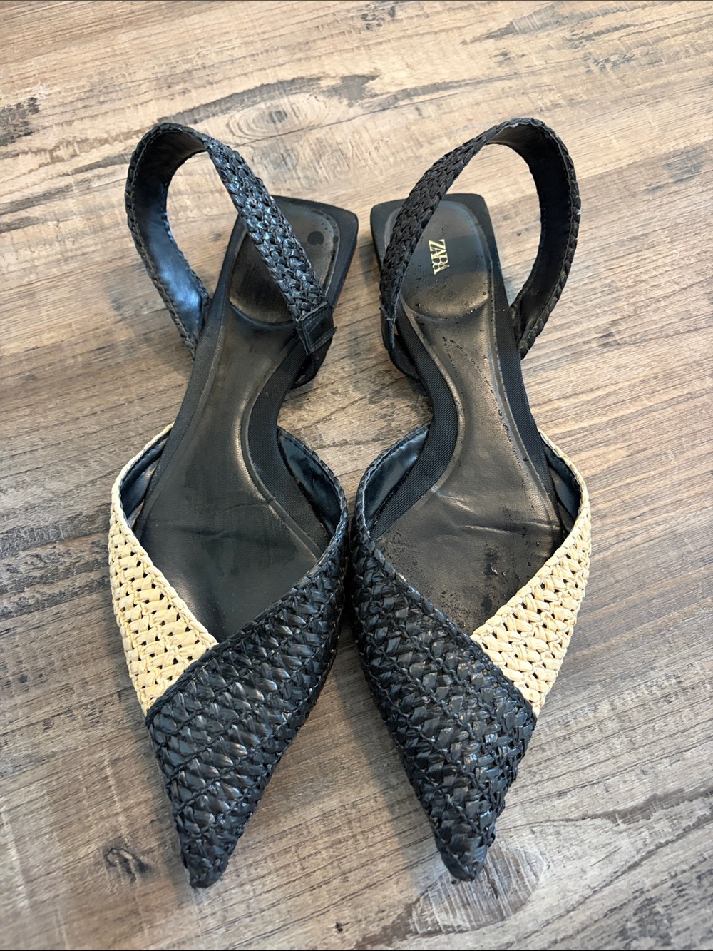 ZARA Black and Natural Woven Pointed Slingback Flats